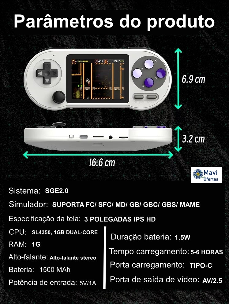 Console de Jogos Portátil Snes Retrô Com 6000 Jogos Tela 3" polegadas