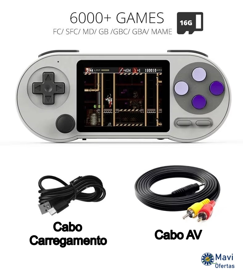 Console de Jogos Portátil Snes Retrô Com 6000 Jogos Tela 3" polegadas